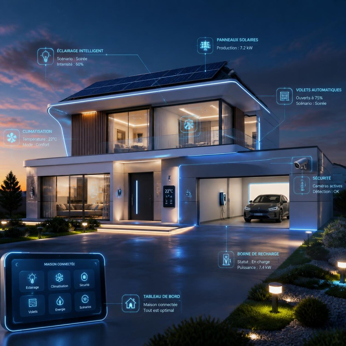 Maison connectée avec modules domotiques (éclairage, climatisation, sécurité, énergie)